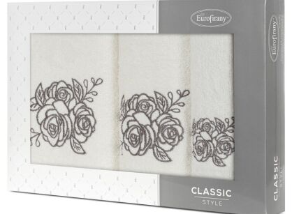 Komplet ręczników 3 szt. ROSALIA kremowe z haftowanym grafitowym wzorem różyczek w kartonowym pudełku