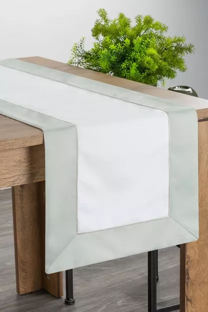 Bieżnik elegancki 40x140 SYLVIA naturalny oliwkowy zdobiony beżową lamówką