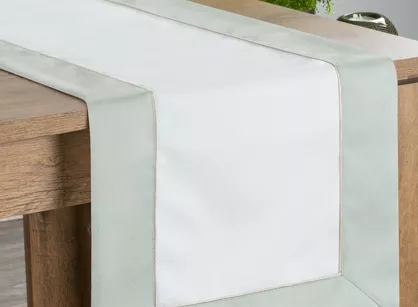 Bieżnik elegancki 40x140 SYLVIA naturalny oliwkowy zdobiony beżową lamówką