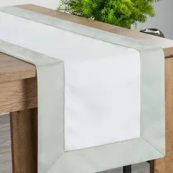 Bieżnik elegancki 40x140 SYLVIA naturalny oliwkowy zdobiony beżową lamówką