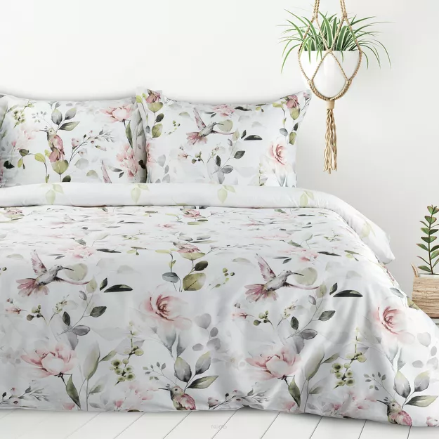 Pościel bawełniana 220x200 LEA 8 biała zielona kwiaty ptaszki dwustronna Design 91