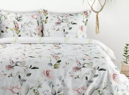 Pościel bawełniana 220x200 LEA 8 biała zielona kwiaty ptaszki dwustronna Design 91