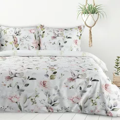 Pościel bawełniana 220x200 LEA 8 biała zielona kwiaty ptaszki dwustronna Design 91