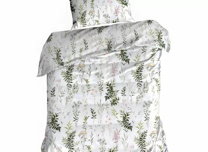 Pościel bawełniana 140x200 VANESS biała z wzorem ciemno zielonych listków z kolekcji Classic Family
