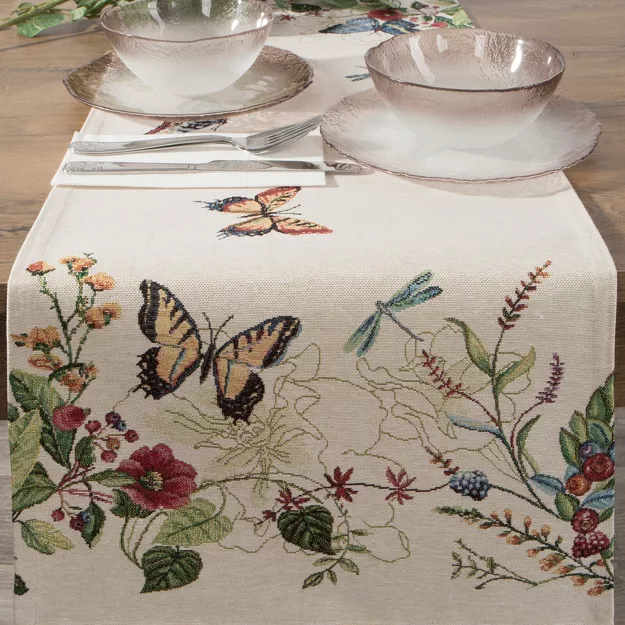 Bieżnik gobelinowy 45x140 SPRING naturalny czerwony z nadrukiem letnich kwiatów i motyli