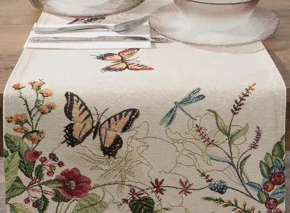 Bieżnik gobelinowy 45x140 SPRING naturalny czerwony z nadrukiem letnich kwiatów i motyli