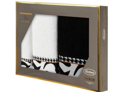Komplet ręczników EVA 6 Eva Minge białe czarne zdobione drukowaną bordiurą z abstrakcyjnym wzorem i paskiem pepitki
