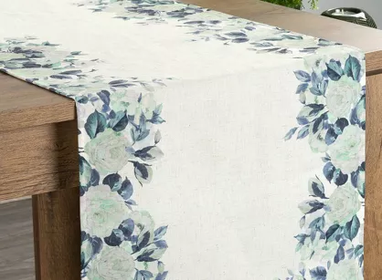 Bieżnik płócienny 40x180 NATU 8 naturalny z dodatkiem lnu z nadrukiem zielonych róż