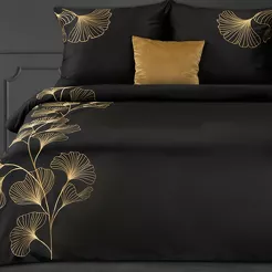 Pościel satynowa 220x200 HAFT 2 czarna haftowana złotym wzorem miłorzębu