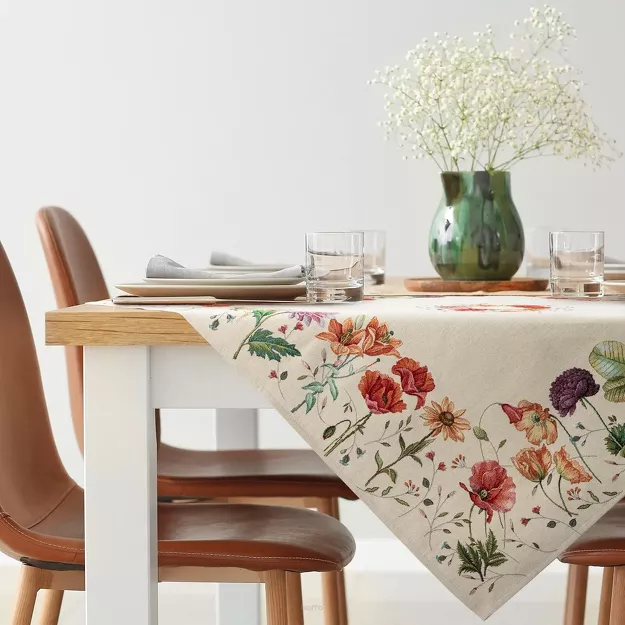 Nakładka gobelinowa 100x100 1239 naturalna z wzorem kwiatów polnych