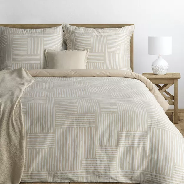 Pościel satynowa 220x200 SPRING 80 beżowa z wzorem geometrycznym z kolekcji Classic