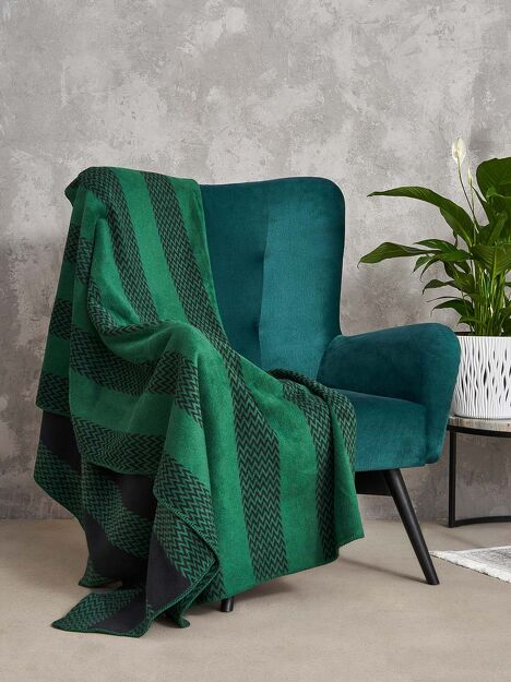 Koc bawełniany 150x200 2143-1 zielony czarny pasy w zygzaki wykończony szydełkiem