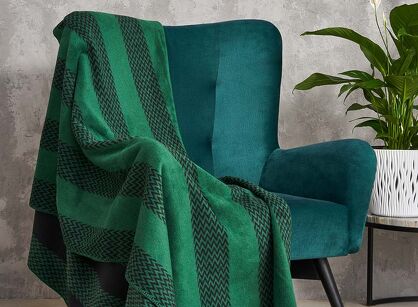 Koc bawełniany 150x200 2143-1 zielony czarny pasy w zygzaki wykończony szydełkiem