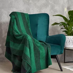 Koc bawełniany 150x200 2143-1 zielony czarny pasy w zygzaki wykończony szydełkiem