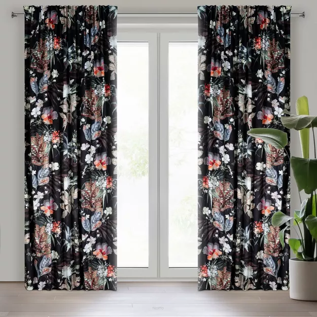 Zasłona na taśmie 140x270 ALANI welwetowa czarna ruda z wyrazistym nadrukiem botanicznym