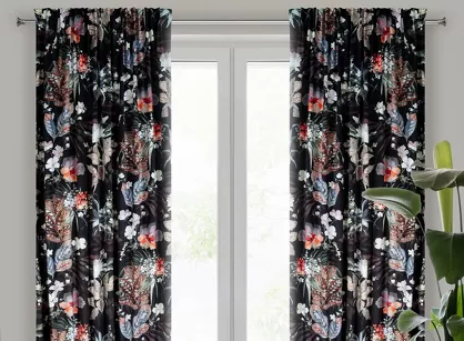 Zasłona na taśmie 140x270 ALANI welwetowa czarna ruda z wyrazistym nadrukiem botanicznym