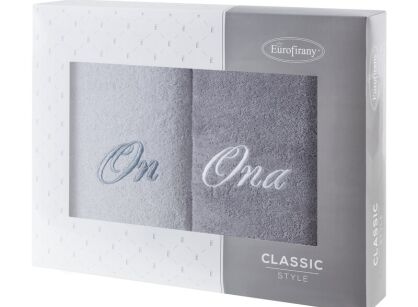 Komplet ręczników 2x70x140 ON ONA popielate białe haftowane w kartonowym pudełku