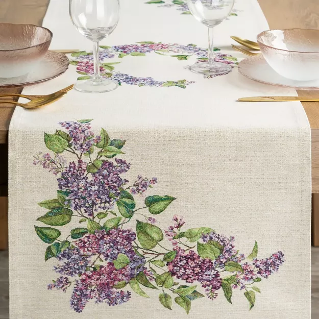 Bieżnik gobelinowy 45x140 1424 naturalny z nadrukiem kwiatów bzu