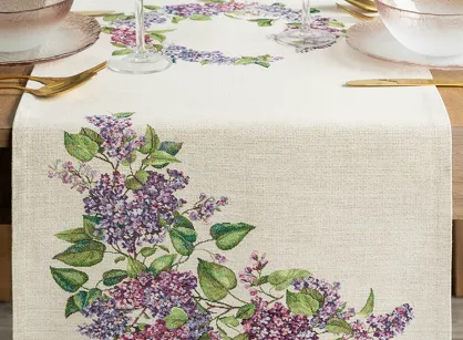 Bieżnik gobelinowy 45x140 1424 naturalny z nadrukiem kwiatów bzu