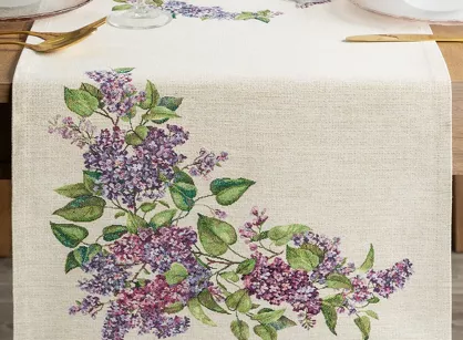 Bieżnik gobelinowy 45x140 1424 naturalny z nadrukiem kwiatów bzu