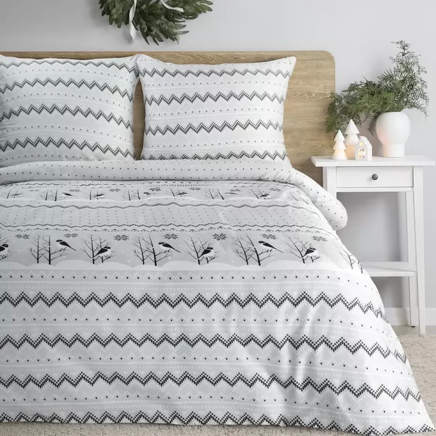 Pościel świąteczna 140x200 TASHA biało stalowa subtelny nadruk z satyny bawełnianej