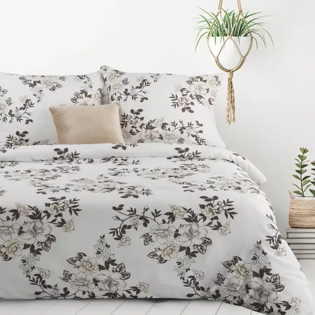 Pościel z mikrowłókna 140x200 INGA kremowa z wzorem brązowych kwiatów Design 91
