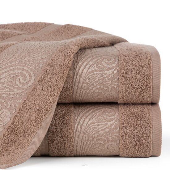 Ręcznik bawełniany 50x90 SYLWIA 1 ciemny beż z bordiurą żakardową w ornamentowy wzór