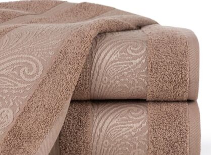 Ręcznik bawełniany 50x90 SYLWIA 1 ciemny beż z bordiurą żakardową w ornamentowy wzór