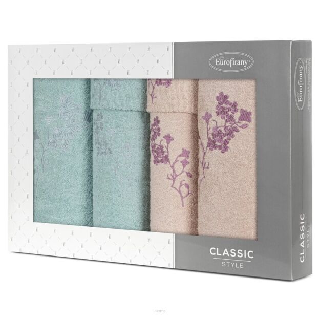 Komplet ręczników 6 szt. BLOSSOM pudrowe z haftowanym miętowym wzorem kwiatowym w kartonowym pudełku
