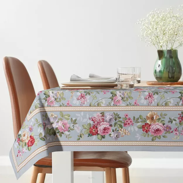 Obrus gobelinowy 140x180 4088 popielaty różowy wzór kwiatu wiśni