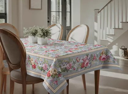 Obrus gobelinowy 140x180 4088 popielaty różowy wzór kwiatu wiśni