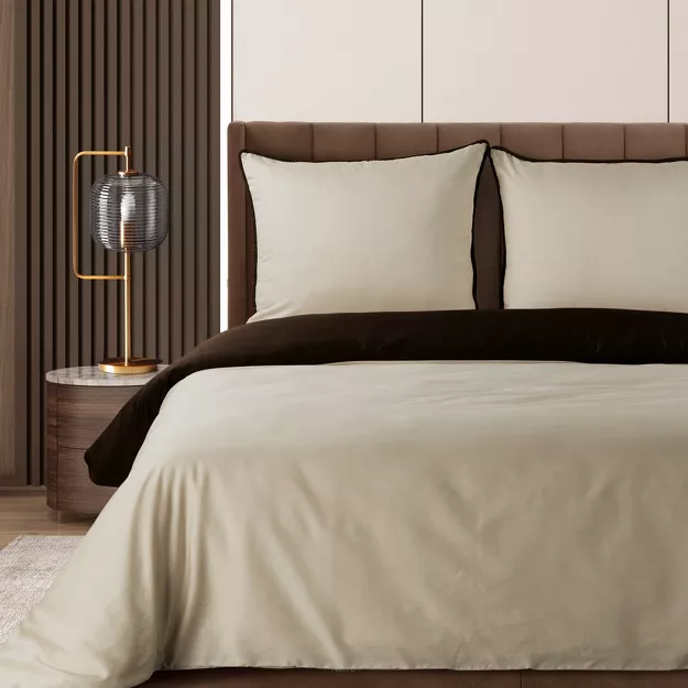 Pościel z makosatyny 220x200 LUNARA beżowa brązowa z ozdobnym sznurem pasmanteryjnym