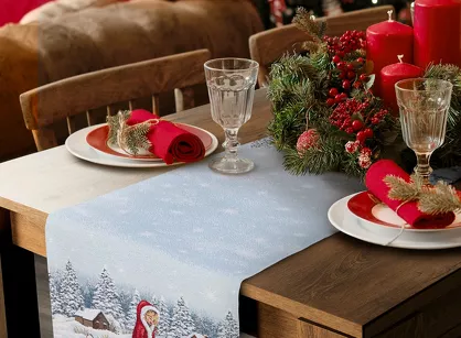 Bieżnik świąteczny 50x110 1154 gobelinowy srebrny z zimową scenerią i połyskującą srebrną nicią