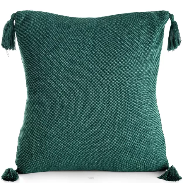 Poszewka dekoracyjna 45x45 POLY 3 ciemna zieleń jednokolorowa z pomponami