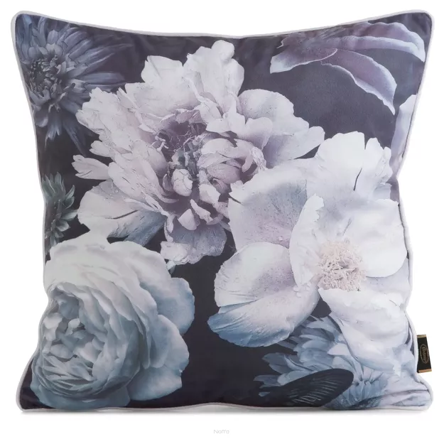 Poszewka welwetowa 45x45 VELVET 134 fioletowa z designerskim wzorem kwiatów piwonii obszyta lamówką