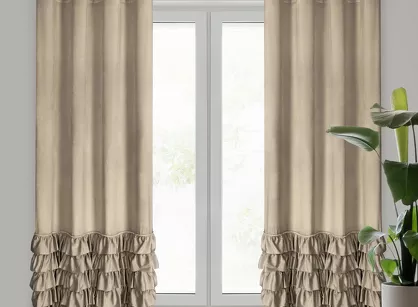 Zasłona na przelotkach 140x250 CARLI welwetowa ciemny beż jednokolorowa zdobiona w dolnej części falbanami z paskiem cyrkonii