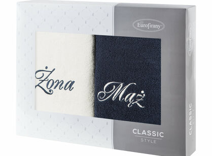 Komplet ręczników 2x50x90 MĄŻ ŻONA białe granatowe