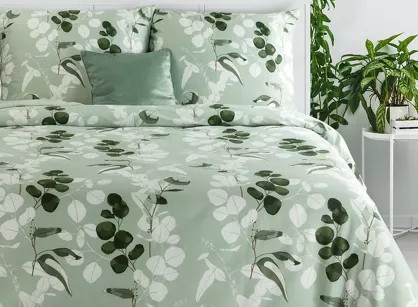 Pościel satynowa 140x200 SPRING 97 jasna zieleń z wzorem zielonych liści z kolekcji Classic