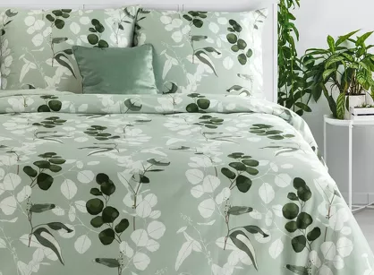 Pościel satynowa 140x200 SPRING 97 jasna zieleń z wzorem zielonych liści z kolekcji Classic