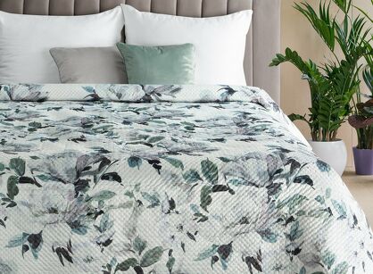 Narzuta pikowana 220x240 LOTI biała oliwkowo srebrna wzór kwiatowy Design 91