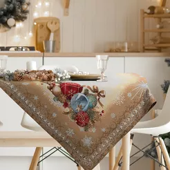 Obrus świąteczny 140x180 4069 gobelinowy beżowy z bombkami i połyskującą nicią złotą