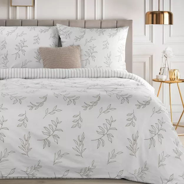 Pościel satynowa 140x200 RAYA 1 biała beżowa w liście