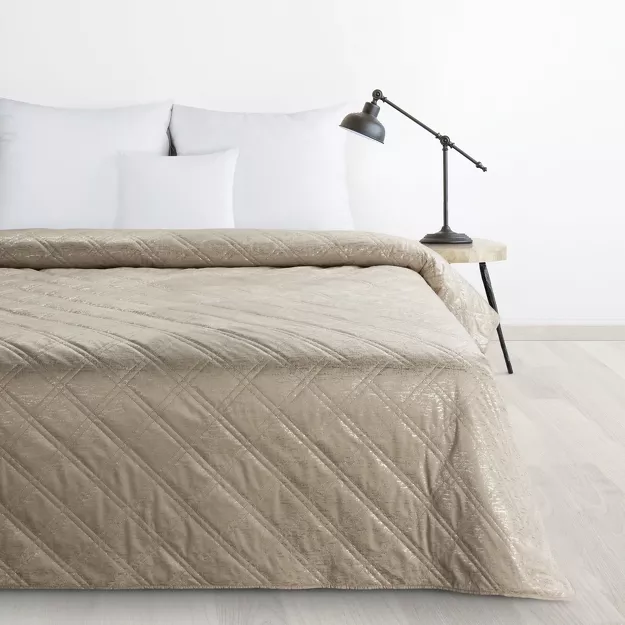 Narzuta welwetowa 220x240 LUIZ beżowa błyszcząca srebrny przecierany wzór