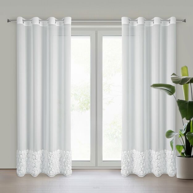 Firana na przelotkach 140x250 ROSES 7 Eva Minge biała z szyfonu aplikacja róż 3D