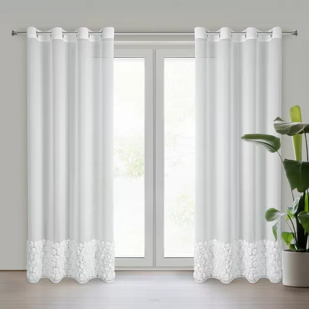 Firana na przelotkach 140x250 ROSES 7 Eva Minge biała z szyfonu aplikacja róż 3D