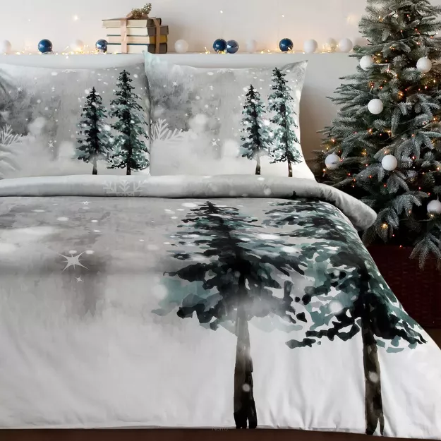 Pościel świąteczna 220x200 FOREST biała jasno szara zimowa sceneria z satyny bawełnianej