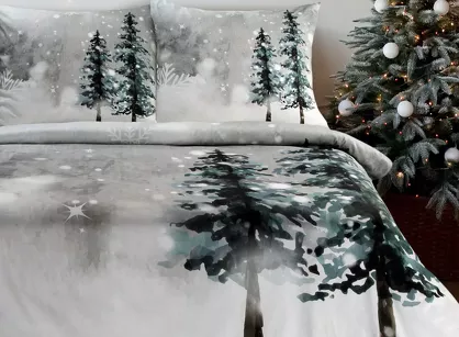 Pościel świąteczna 220x200 FOREST biała jasno szara zimowa sceneria z satyny bawełnianej