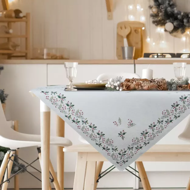 Nakładka świąteczna 100x100 1313 gobelinowa z szenili naturalna zielona wzór świąteczny