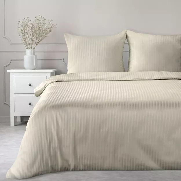 Pościel satynowa 220x200 VERA jednokolorowa gładka beżowa w prążki