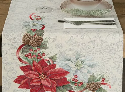 Bieżnik świąteczny 40x100 1198 gobelinowy srebrzysty z gwiazdką betlejemską i połyskującą srebrną nicią